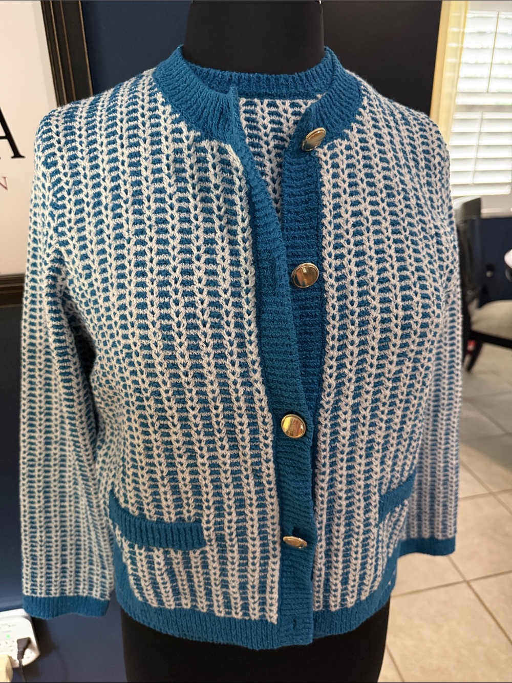 Ann Taylor Teal and Cream Textured Button-Front Cardigan with matching trousers